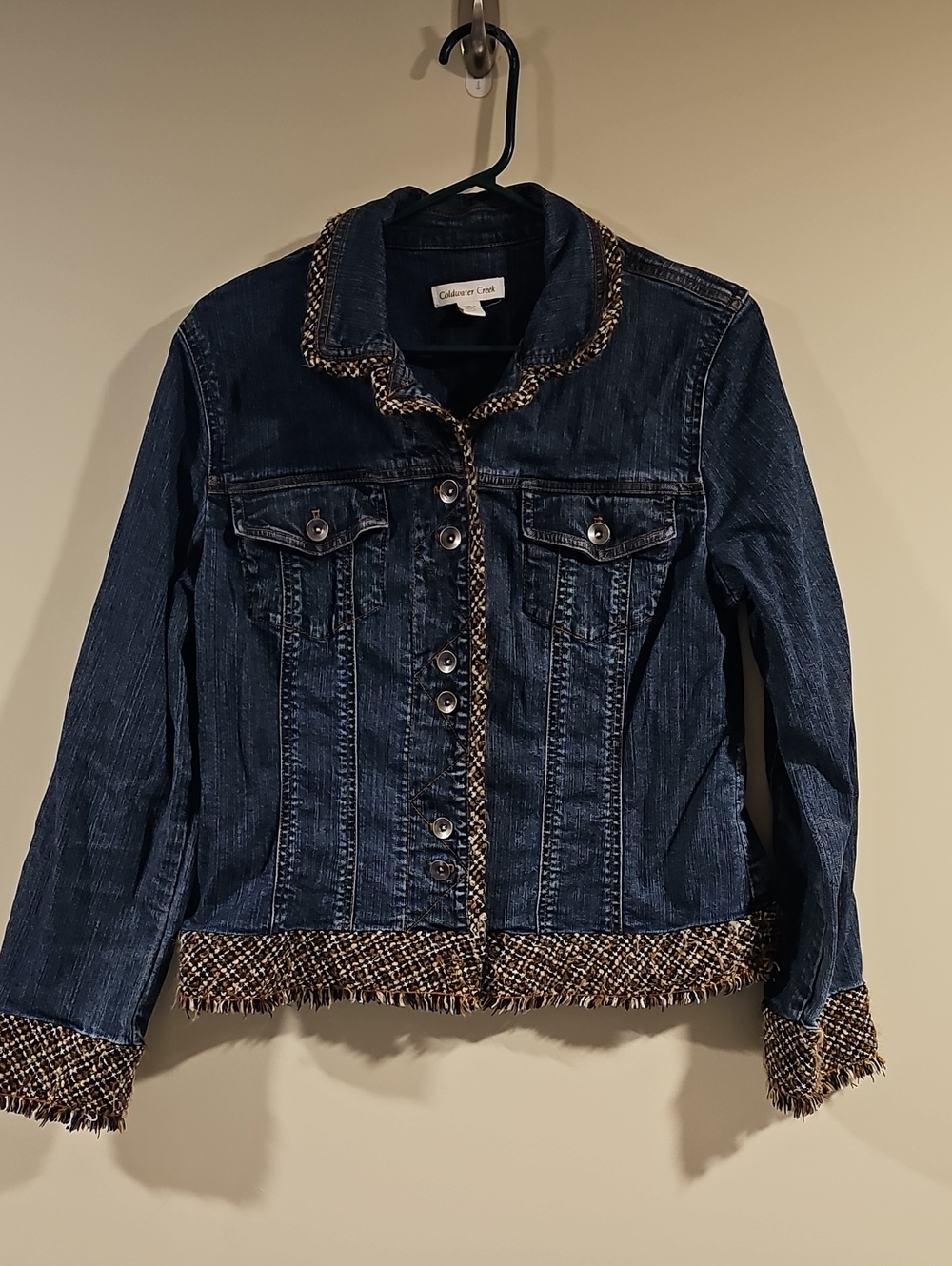 Coldwater Creek Navy Denim Jacket with Brown Tweed Trim